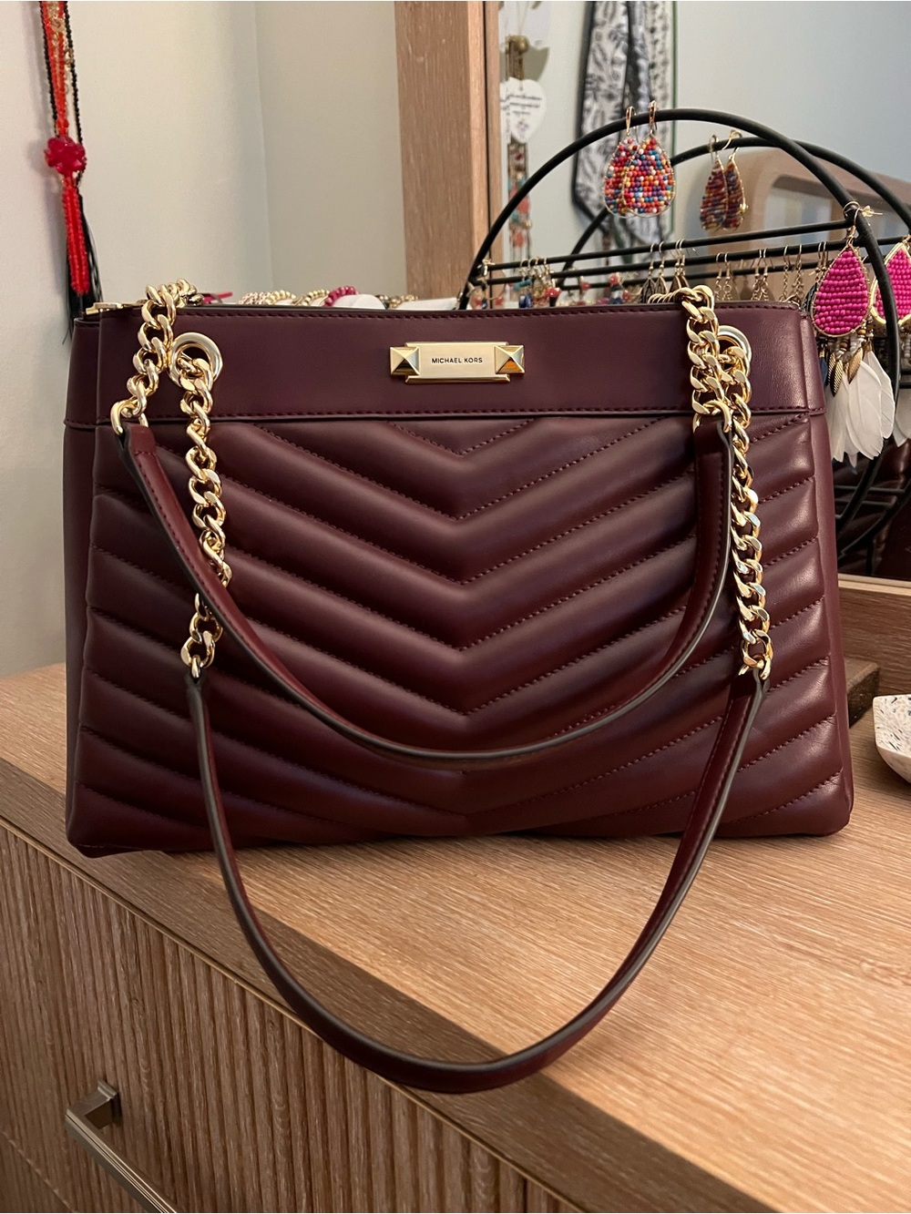 Michael Kors Quilted Chevron Shoulder Bag in Wine